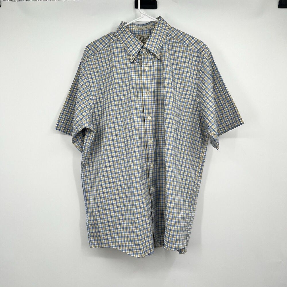 Mens L.L. Bean Casual Shirt L Green Blue White Yellow Check 0-NX47